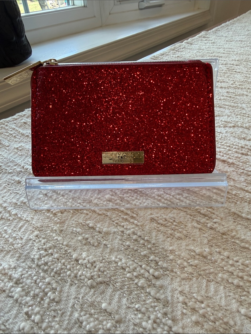 Jimmy Choo Red Glitter Parfums Zip Slim pouch with Gold Tone Hardware